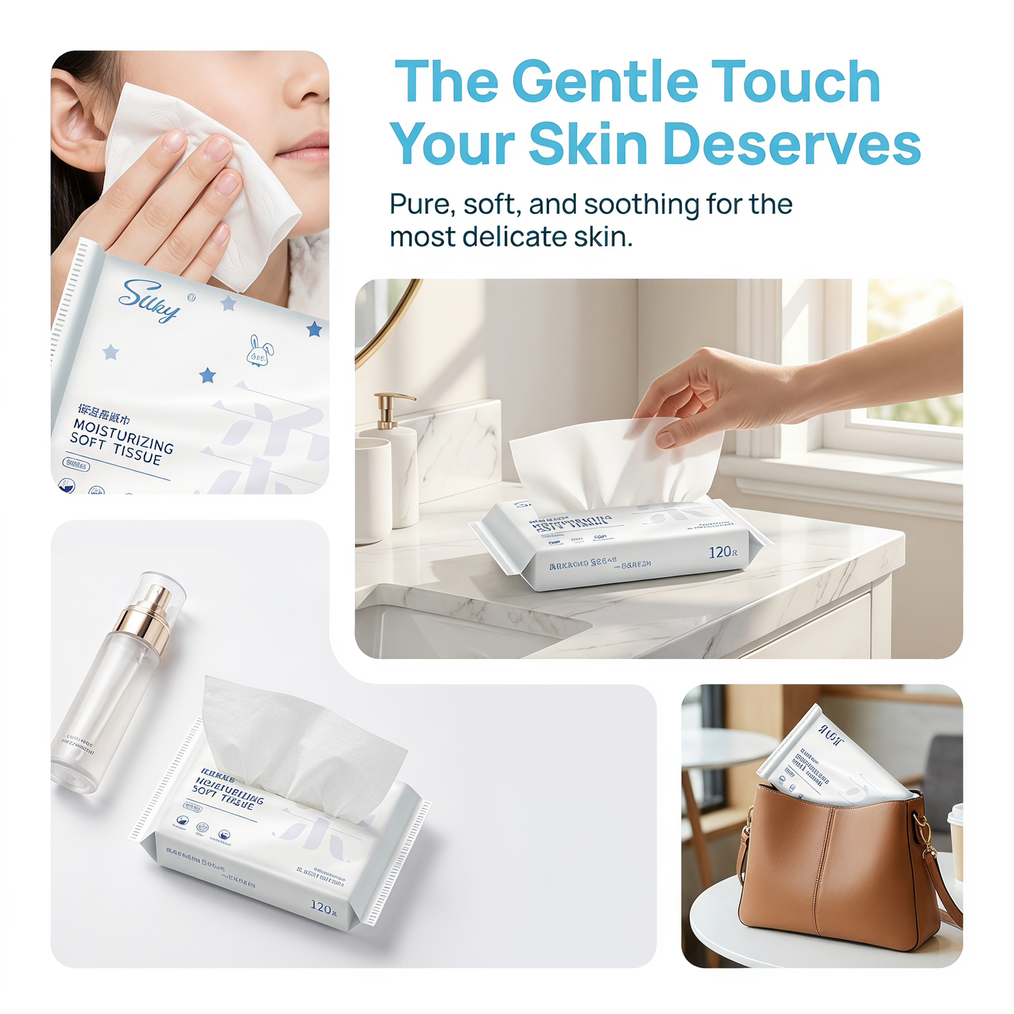 SKYTISUE Premium Moisturizing Facial Tissues, Ultra Soft Lotion Tissues, 3-Ply Hypoallergenic Skin Care Tissue, FSC Certified, 300 Sheets Travel & Home Bulk Pack